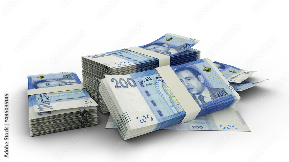 3D Stack of 200 Moroccan dirham notes isolated on white background, cash, money of morocco 3D Stack of 200 Moroccan dirham notes isolated on white background, cash, money of morocco