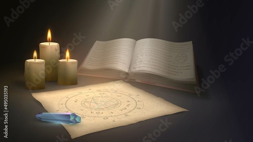 Items of a fortune teller or astrologer on the table: a natal chart, candles and an old book