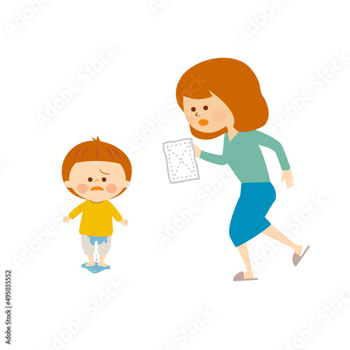 おもらしをした男の子と駆け寄るお母さんのイラスト