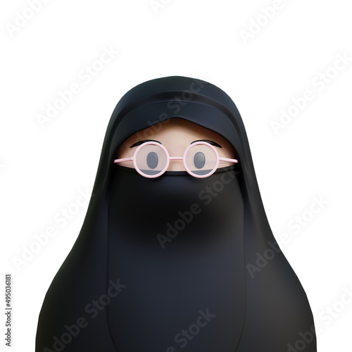 3d rendering women hijab syar'i with niqab pink eye glasses and black color photo