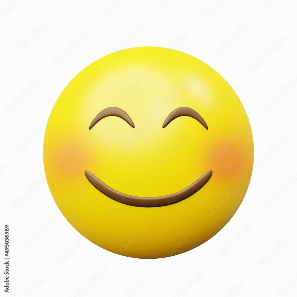 3d rendering image blushing smiling yellow emoticon, isolated with white background 3d rendering image blushing smiling yellow emoticon, isolated with white background