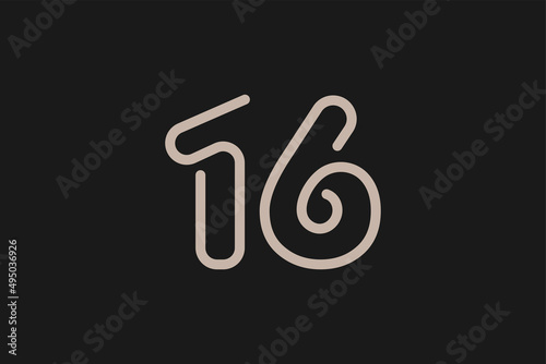 Number 16 Logo, Monogram Number 16 line style, usable for anniversary and business logos, flat design logo template, vector illustration