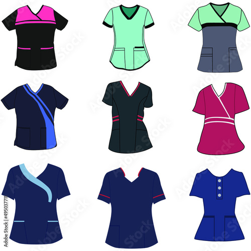 A collection of scrubs uniforms for nurses and doctors