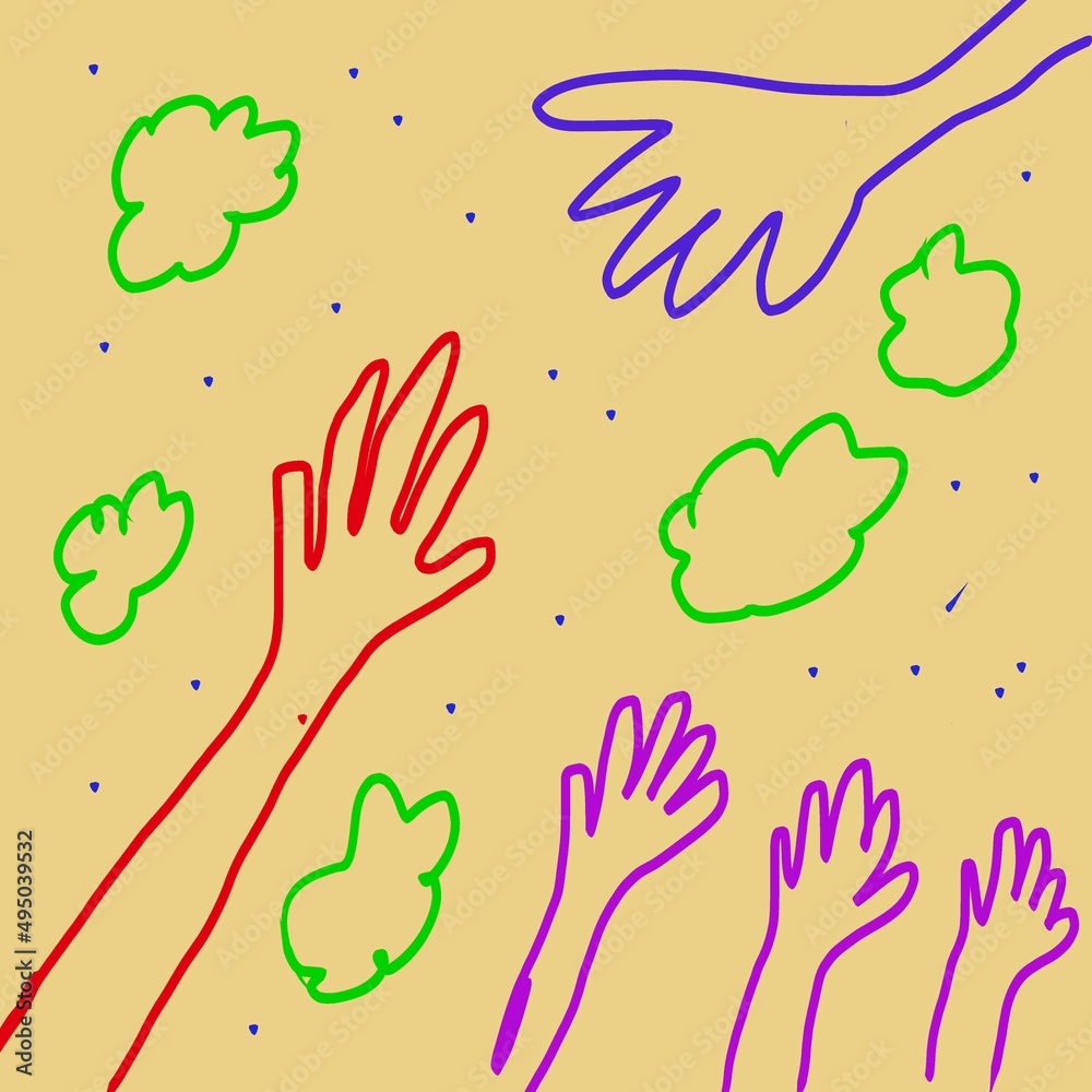 hand in cartoon charactor reach up on pastel background