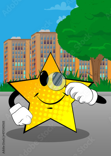 Star holding a magnifying glass. Funny and cute cartoon character, with anthropomorphic face.