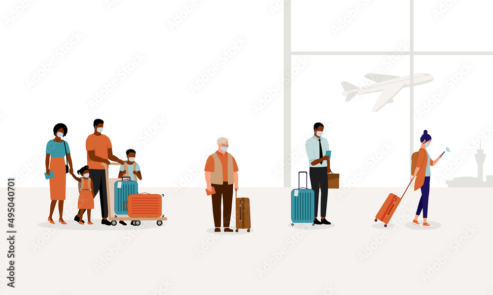 Group Of Diverse People With Protective Face Mask Waiting In Line At The Airport. Group Of Diverse People With Protective Face Mask Waiting In Line At The Airport.