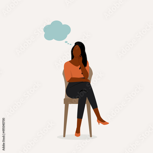 Black Woman Sitting On A Chair With Arm Crossed And Thinking Bubble.