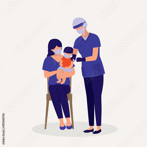 Nurse In Protective Face Shield And Face Mask Injecting COVID-19 Vaccine To The Mother’s Child.