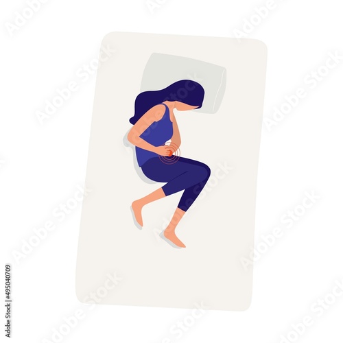Young Woman Holding Pain From Menstrual Cramp.
