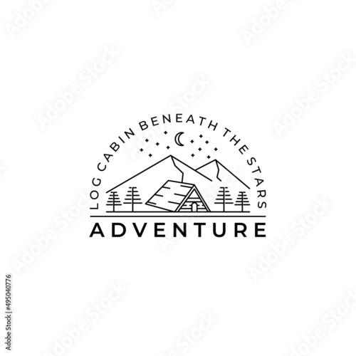 log cabin forest moon star pine tree line art minimalist logo vector illustration design, adventure logo design