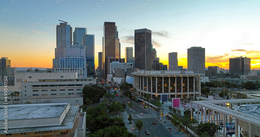 City of Los Angeles, panoramic cityscape skyline scenic, downtown skyline at sunset.