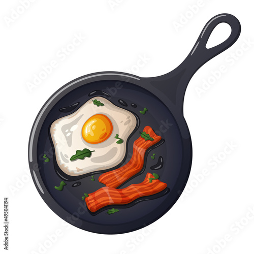 Cartoon bacon with fried eggs in a frying pan.