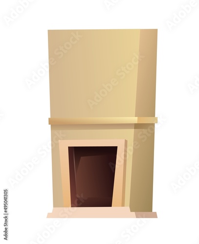 Fireplace with chimney and mantel for living room. Antique oven for baking by fire. Modern minimalistic design. House hearth home. Cartoon style. Object isolated on white background. Vector