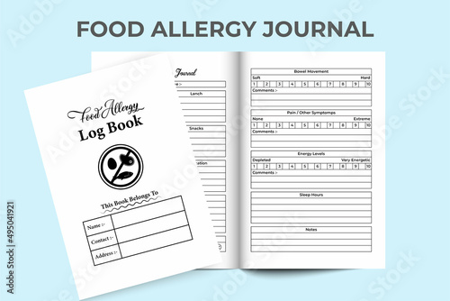 Food allergy KDP interior notebook. Daily food habit tracker and allergy symptoms checker journal template. KDP interior log book. Food allergy medication notebook and pain tracker journal.