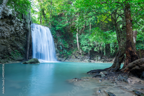 Beautiful Erawan tropical waterfall in Kanchanaburi province  Thailand. travel in tropical forest concept.
