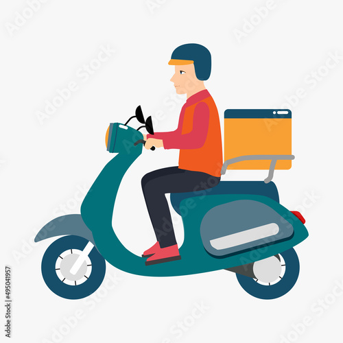 A delivery man riding a bike vector. Delivery man with a scooter vector design. Online order delivery concept. Food or shopping delivery service concept flat design. Flat character illustration.