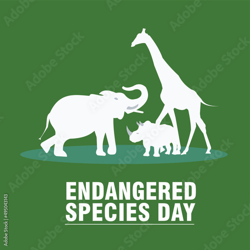 National Endangered Species Day vector with white silhouettes of elephant, giraffe and rhino icon vectors. Set of wild animal silhouettes. Simple and elegant design