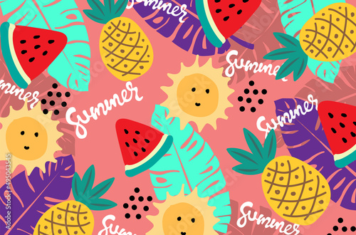  summer orange pattern background sun watermelon and pineapple