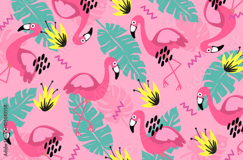 summer pink pattern background flower yellow flamingo