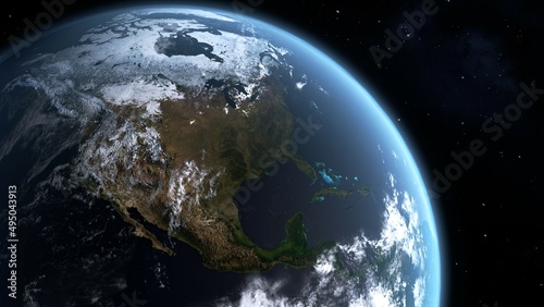 宇宙から見た北アメリカを中心にした地球の3Dイラスト