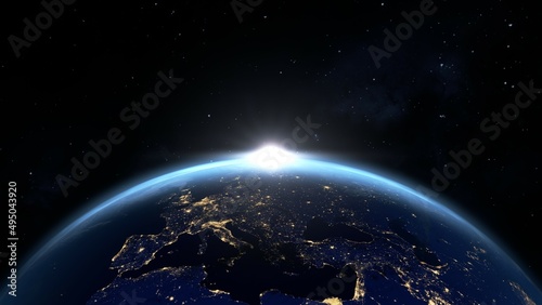 Fototapeta Naklejka Na Ścianę i Meble -  宇宙から見た地球の日の出の3Dイラスト