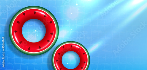 Watermelon inflatable toy float on pool water background with sunlight for summer holiday top view. Vector illustration.