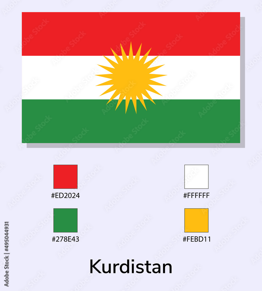 Vector Illustration of Kurdistan flag isolated on light blue background.  Illustration Kurdistan flag with Color Codes. As close as possible to the  original. ready to use, easy to edit. Stock Vector |