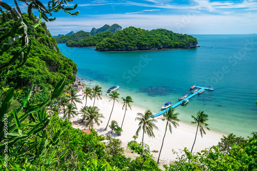 Beautiful tropical beach Ang Thong national marine park, Thailand from viewpoint. Travel summer beach holiday concept.