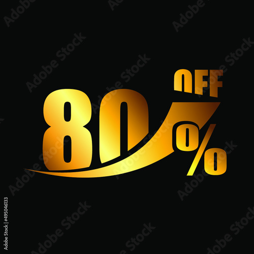 Vetor Black banner discount purchase 80% sale vector gold logo on a black background. Promotional business offer for buyers logotype. eighty percentage off