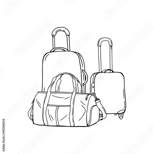 Three different travel bags, black contours, isolated on white background. Vector illustration