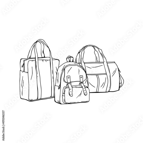 Three different travel bags, black contours, isolated on white background. Vector illustration