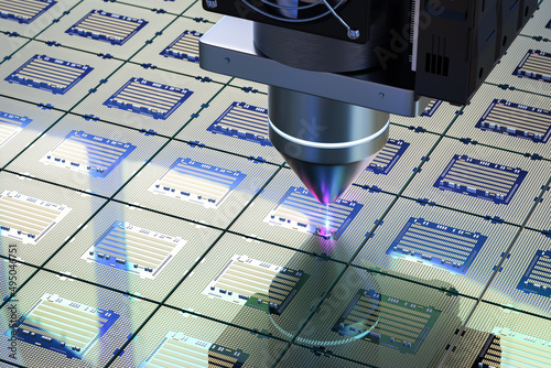 Robotic arms with silicon wafers for semiconductor manufacturing photo