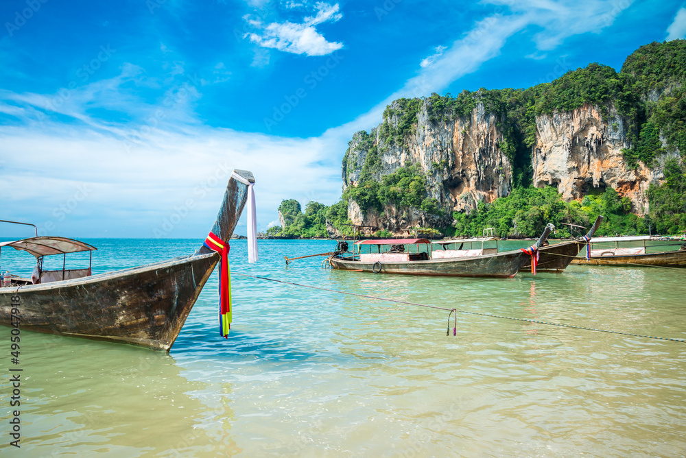 Beautiful tropical Ton Sai beach Krabi Thailand. Tropical summer beach holiday concept.