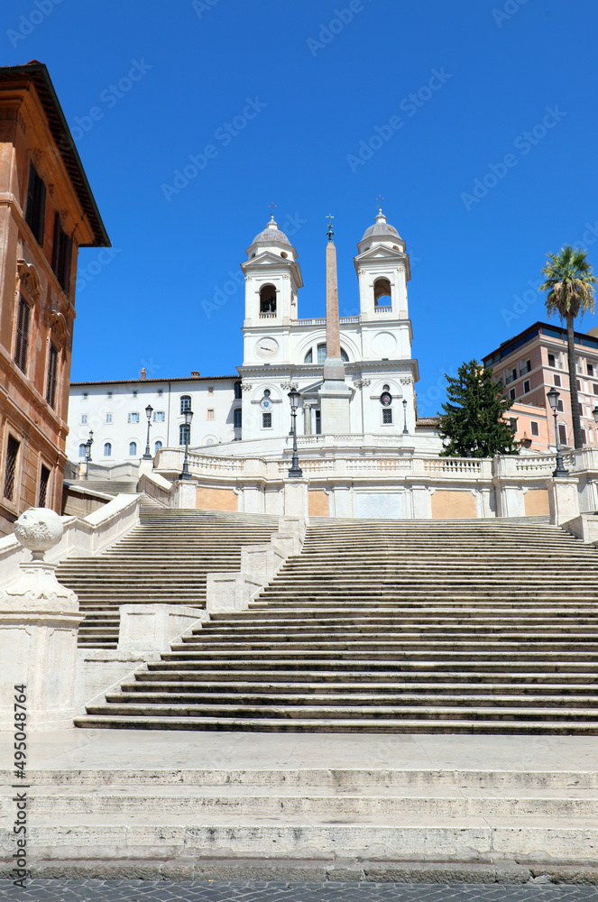 empty wide staircase of Piazza di Spagna in Rome capital of Italy without person a unique case during the lockdown