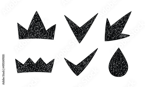 Doodle silhouette set of crown symbols. Symbol logo isolated objects for commercial products and merchandise. 