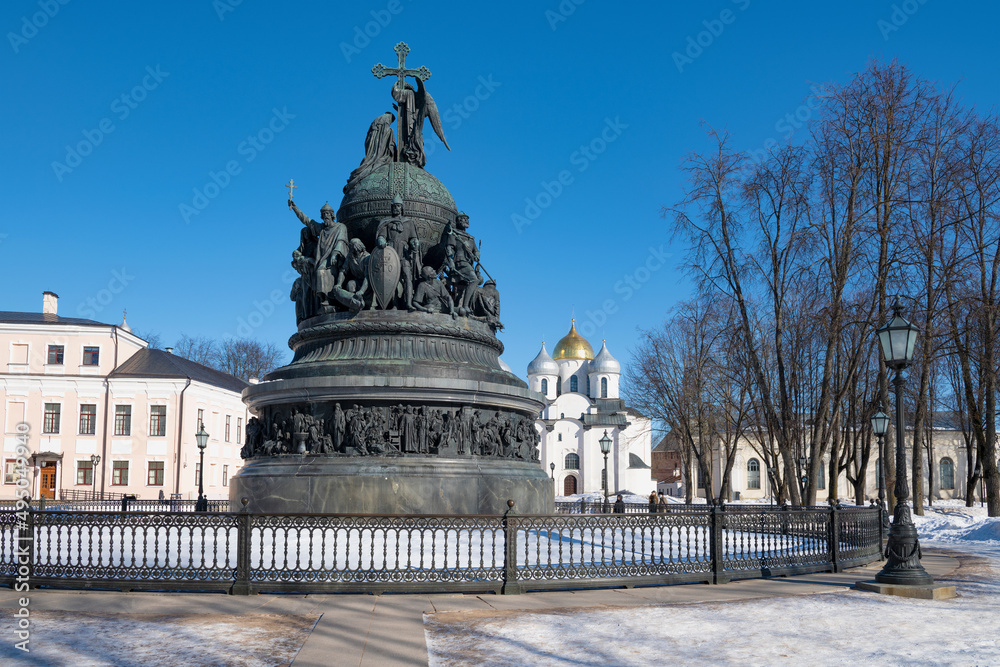 The Millennium of Russia monument in the Kremlin of Veliky Novgorod on a sunny March day