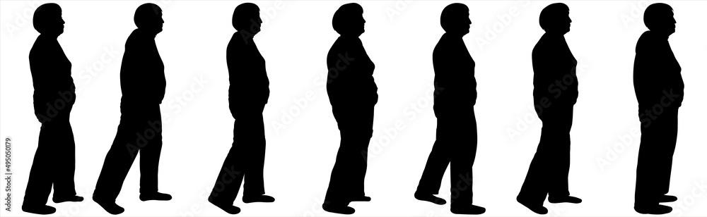 An older woman is walking. Step by step. Elderly man makes steps. Line of pensioners. People follow each other. A woman in her 80s. Seven black female silhouettes isolated on white background.