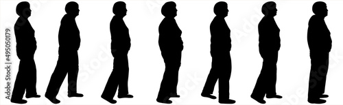 An older woman is walking. Step by step. Elderly man makes steps. Line of pensioners. People follow each other. A woman in her 80s. Seven black female silhouettes isolated on white background.