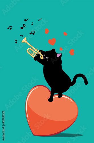 Black cat play on trumpet on heart