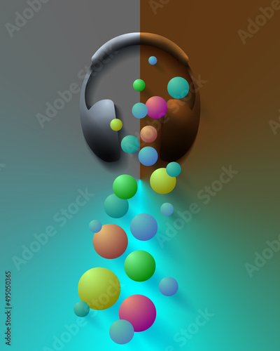 Colorful falling balls. Vector illustration of realistic balls falling on the background of headphones. Background for the presentation.