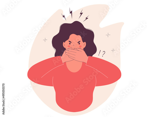 Woman furious aggressive and angry, she covering her mouth with both hands to prevent screaming. Concept of censorship and freedom of speech