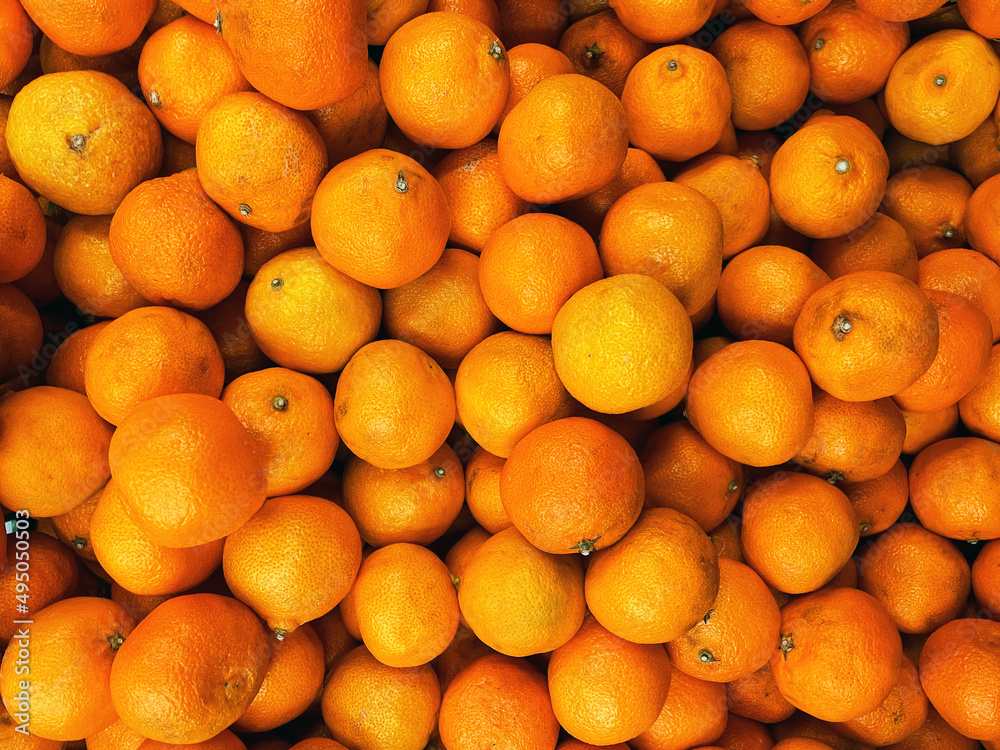 Budget tangerines of poor quality on the shelves of stores in Russia and Belarus after the introduction of counter-sanctions. Mandarin close-up background.