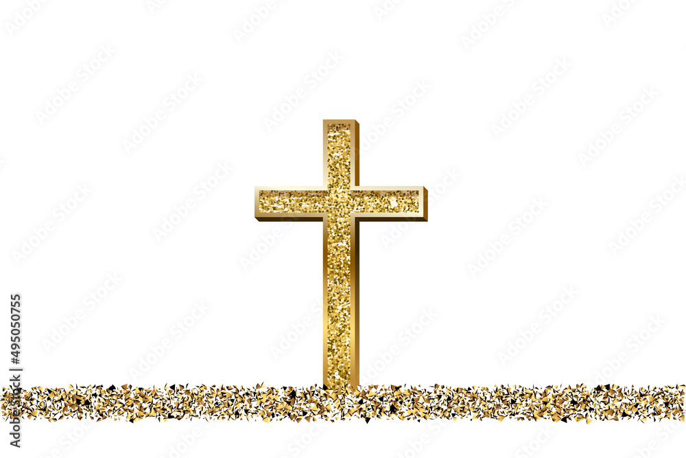 Gold prayer cross realistic vector illustration. Luxurious jewelry, elegant accessory under golden glitter rain. Precious metal jewel on white background. Christian faith, catholic religion symbol.