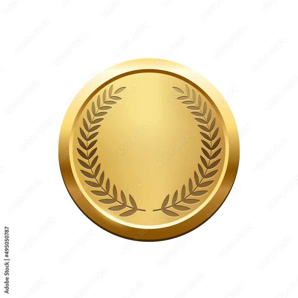 Gold medal with laurel wreath vector illustration. 3d realistic trophy badge of circle design, greeting anniversary or jubilee medallion, achievement champion isolated on white background. Gold medal with laurel wreath vector illustration. 3d realistic trophy badge of circle design, greeting anniversary or jubilee medallion, achievement champion isolated on white background.