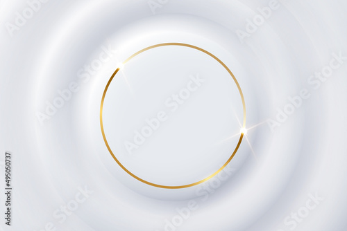 3d white figures with geometric concave and convex surface, golden shiny circular line