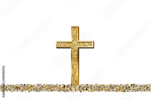 Gold prayer cross realistic vector illustration. Luxurious jewelry, elegant accessory under golden glitter rain. Precious metal jewel on white background. Christian faith, catholic religion symbol.
