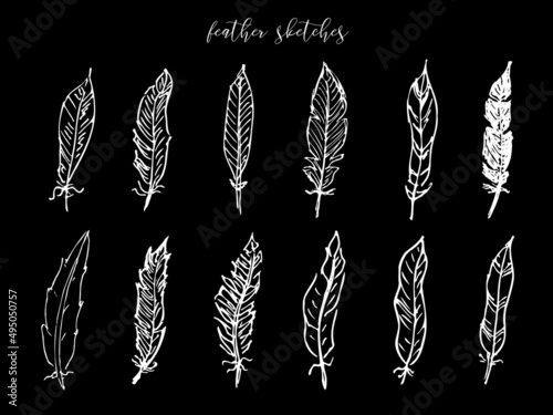 White feather sketches set vector illustration. Decorative ornament from bird wing hand drawn in pencil, ink or pen, quills tattoo vintage decoration collection isolated on black.