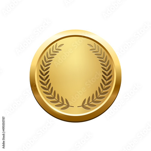 Gold medal with laurel wreath vector illustration. 3d realistic trophy badge of circle design, greeting anniversary or jubilee medallion, achievement champion isolated on white background.