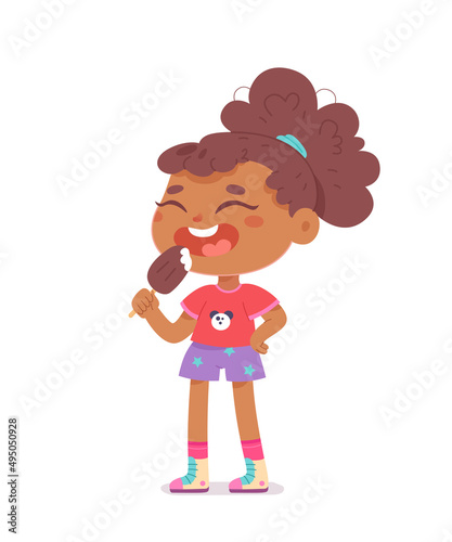 Cute kid eating ice cream on stick in summer, girl standing to enjoy and eat popsicle