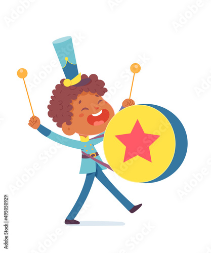 Boy drummer with drum and drumsticks walking on parade to play loud fun music and rhythm
